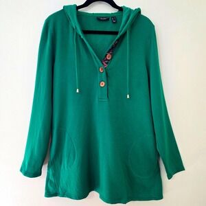 Susan Graver Weekend Tunic Hoodie Sz M Kelly Green Henley Cozy Soft Loungewear‎